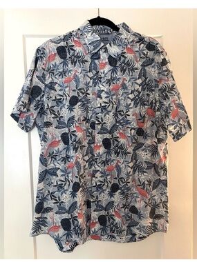 Izod Blue Tropical Button-Down Shirt with Pink Flamingo Print